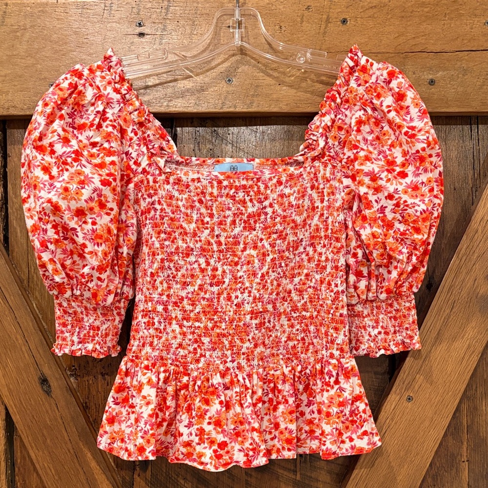 CeCe Size Small Floral Blouse with Puff Sleeves & Smocked Bodice